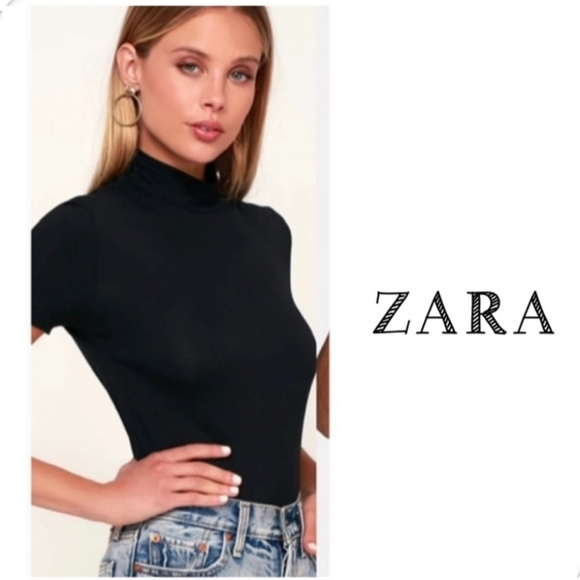 Zara Mock Neck Ribbed Crop T-Shirt Tops Black - Picture 1 of 5